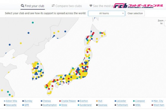 ツイッターが世界のプレミアファン分布図を公開！　日本で1番人気のクラブは？