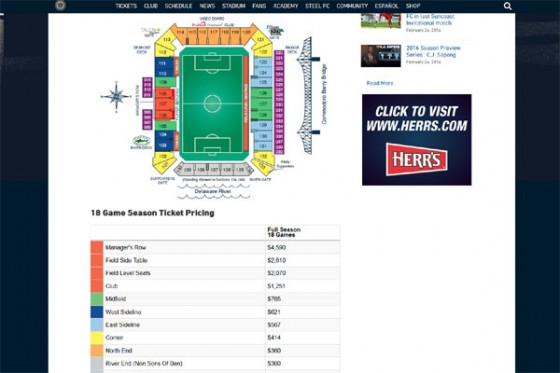 フィラデルフィア・ユニオンのシーズンチケット購入画面。最も高い座席は年間で4590ドル（約52万円）となっている
