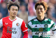 欧州CL、フェイエノールト対セルティック（左：上田綺世、右：古橋亨梧）