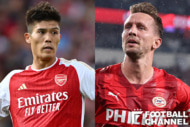UEFAチャンピオンズリーグ（CL）・グループB第1節、アーセナル対PSV（左：冨安健洋、右：ルーク・デ・ヨング）